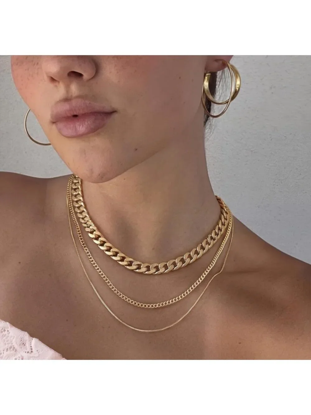 Women's Chunky Cuban Gold Non Tarnish Chunky 14k Gold Plated Layered Necklaces - Picture 2 of 7